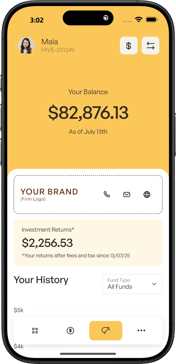 A client checking their KiwiSaver account in the Hive app, under their adviser's brand