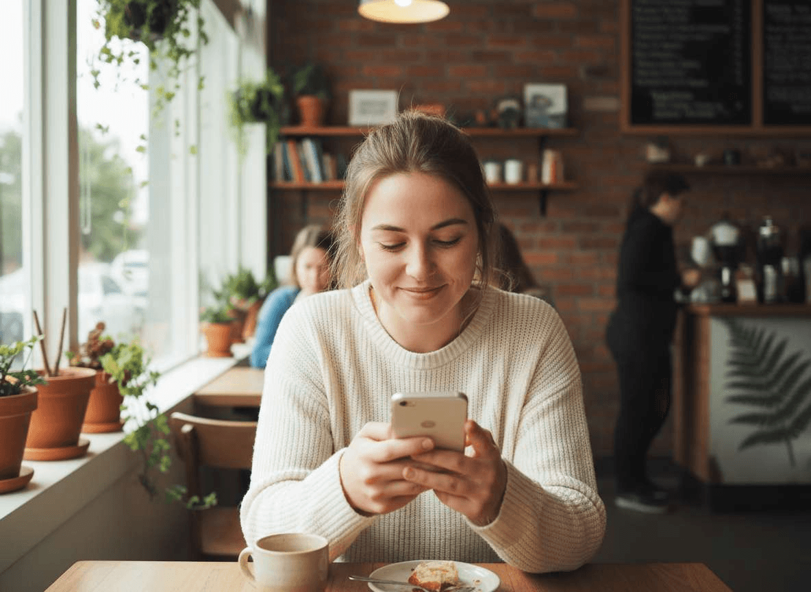 Woman in cafe looking at phone